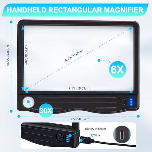 6X 30X Magnifying Glass with Light, Page Magnifier for Reading 4.3x7.1in