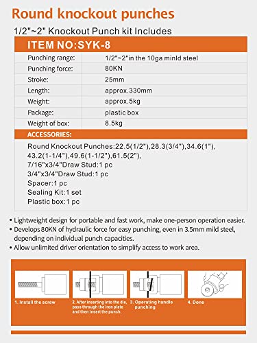AMZCNC Hydraulic Knockout Punch Tool Kit 8 Ton 1/2-2 Inch 6 Dies - style: 8T（1/2"~2"）