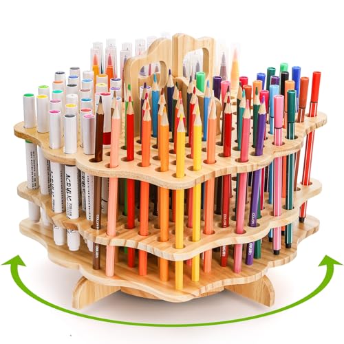 Peohud Wooden Pen Holder, 124 Slots Rotating Pencil Display Stand, Portable Paint Brush Organizer for Colored Pencils, Watercolor Brushes, Art Brushes, Office, Desktop