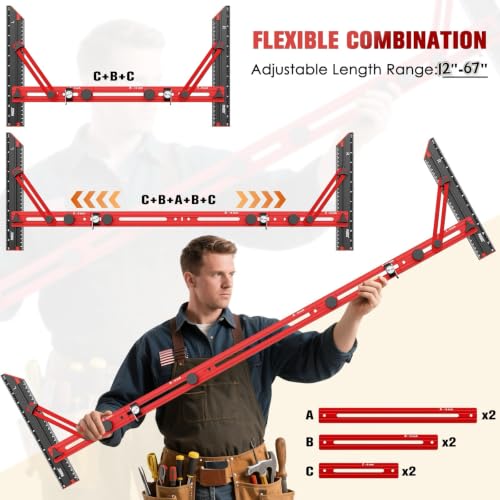 Stair Tread Template Tool with Triangular Brace and Edge Flip Stops - color: LTC-Red Black