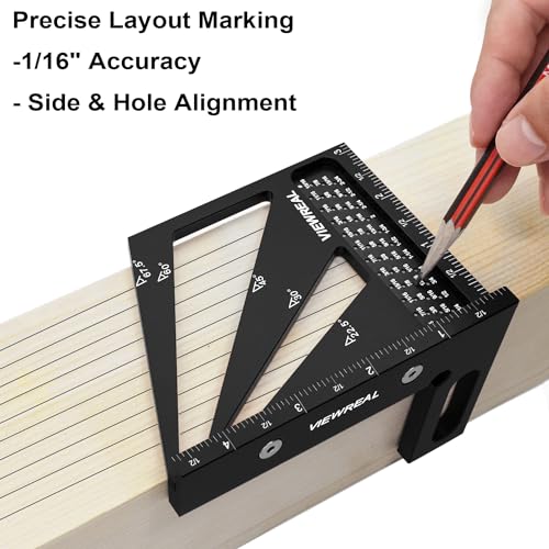 Multi-Angle Measuring Ruler,3D Woodworking Square, 22.5-90 Degree Aluminum Alloy Protractor for Precision Carpentry, Engineering & DIY Projects, Laser Etched, Durable, Portable - Black - color: Black