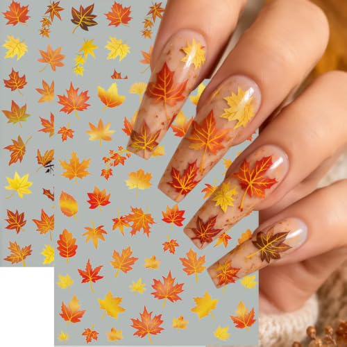 Fall Nail Art Stickers 2 Sheets 5D Embossed Autumn Maple Leaf Nail Decals Self Adhesive Thanksgiving Day Nail Design Decals Fall Maple Leaves Nails Stickers for Women Thanksgiving Day DIY Manicure - color: Orange Fall
