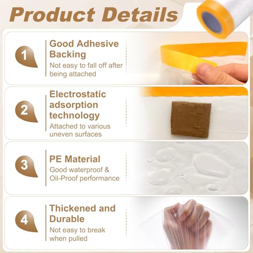 HARFINGTON Pre-Taped Masking Film 94.5" x65ft w Plastic Sheeting,Clear - size: 94.5"x65ft