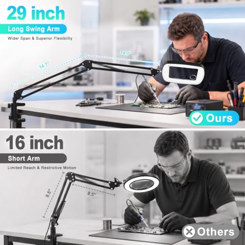 12X 30X Large Magnifying Glass with Light, Stand & Clamp, LED Desk Lamp