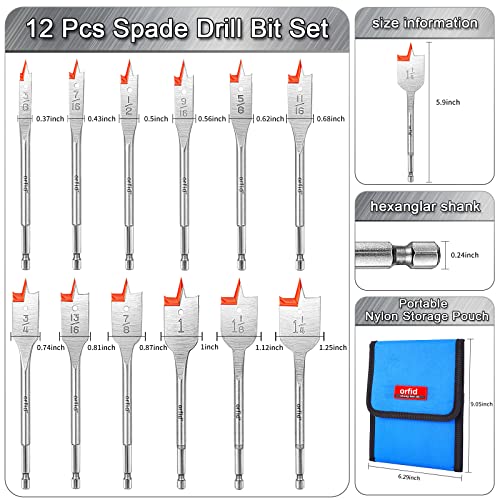 12 Pcs Spade Drill Bit Set - Carbon Steel Paddle Flat Bit with Quick Change Shank for Hole Cutter Woodworking,Portable Nylon Storage Pouch Included
