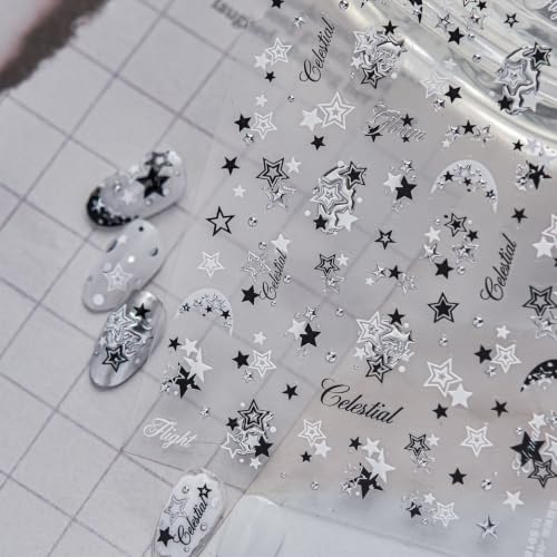 1 Sheet 5D Embossed Holographic Star Nail Stickers Metallic Shiny Star Nail Decals Self-Adhesive Cute Y2K Nail Stickers for Nail Art Black Silver Stars Nail Supplies for Women DIY Nail Decorations - color: Y2k Black Silver Star