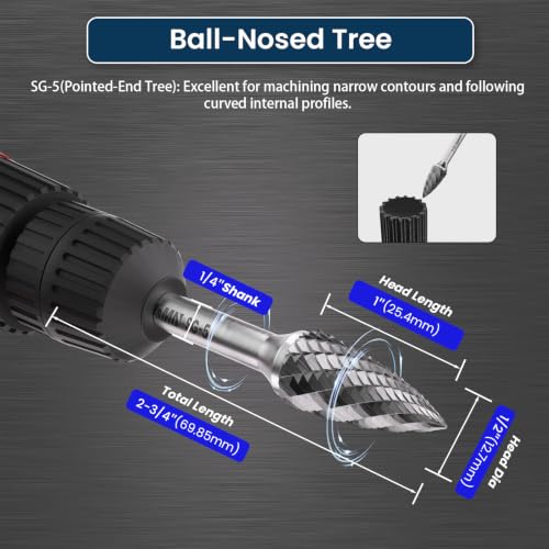 LU&MN SG-5 Tungsten Carbide Burr, Double Cut, 1/2" Head, 1/4" Shank, 3 Pcs - style: SG-5,3PCS