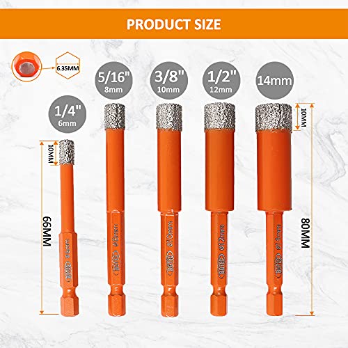BGTEC Dry Diamond Drill Bits 5pcs 6mm 6mm 8mm 10mm 12mm with Quick Change Hex Shank for Granite Marble Porcelain Tile Ceramic - size: 1/4"+1/4"+5/16"+3/8"+1/2"