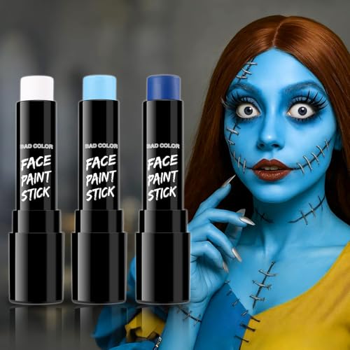 BADCOLOR 3PCS Blue White Light Blue Face Body Paint Stick Makeup for Sally/Corpse Bride SFX Cosplay & Dress Up, Full-Coverage Halloween Facepaint Makeup Kit - color: 3PCS Corpse Bride/Sally