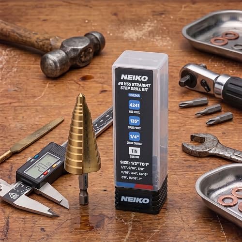 NEIKO 10624A Step Drill Bit, 9 Steps 1/2" to 1" Straight High Speed Steel, Titanium Nitride Coated, 1/4" Quick Change Step Bits for Steel, Metal, Wood, Plastic, Unibit Cone Drill Bits, Two Flute - size: #8 (1/2 - 1", 9S), style: Straight