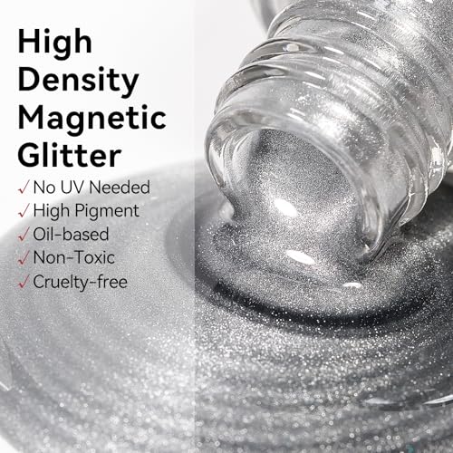 MIZHSE Quick Dry Cat Eye Nail Polish, Silver Magnetic Nail Polish Glossy - color: Cat Eye Silver