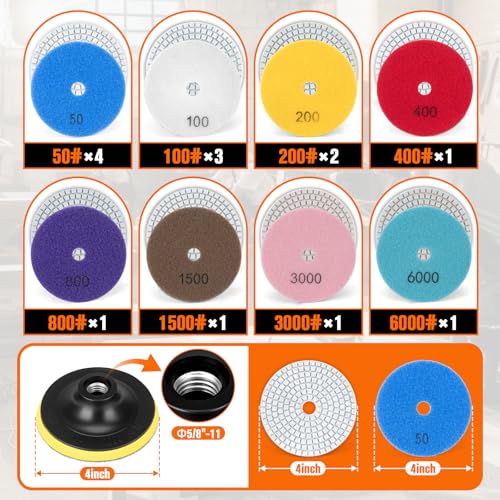 GDDGHS 19pcs Diamond Sanding Pads 50-8000 Grit, Upgraded 4 Inch Diamond Polishing Pads Kit for Marble Stone Granite Concrete Tile, Granite Polishing Pads for Wet/Dry Use - size: 19 PCS Diamond Polishing Pads