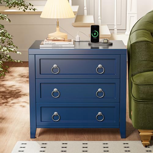 Huuger Paint Night Stand with Charger Station, 3 Drawer Nightstand Set of 2 - color: Blue