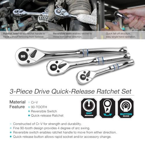 DURATECH 3-Piece Drive Ratchet, 90-Tooth Quick-Release Ratchet Wrench - size: Combo Kit (EVA Tray)