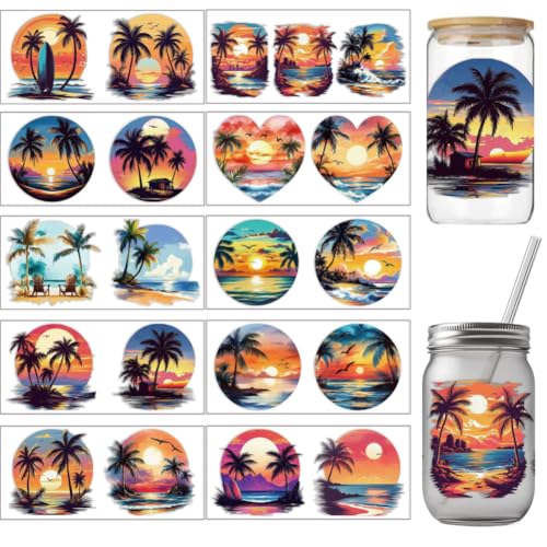 arricraft 10 Pcs Hawaii Theme Cup Printing UV Transfer Papers, 10 Styles Coconut Trees Ocean UV DTF Cup Wrap Stickers for 16 OZ Glass Cups Crafts 9.5x4.3inch - style: Colorful Hawaii Theme