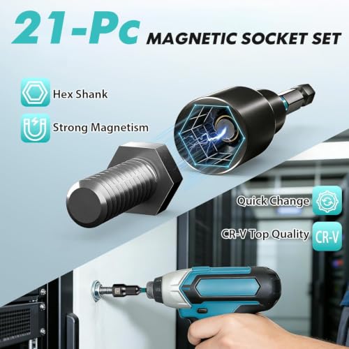21-Pc Impact Magnetic Nut Driver Set, 1/4" Hex Bits Sockets SAE/Metric - size: 21-Pc Magnetic Nut Driver Set