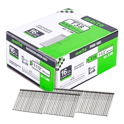 meite 16 Gauge Finish Nails 1-1/2 Inch Galvanized Straight T-Nails 2500 PCS - size: 1-1/2" Length