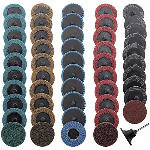Sanding Discs 50PCS 2-Inch Quick Change Surface Conditioning Set with 1/4" Holder – Red, Blue, Green, Brown, Khaki Discs – 80 to 400 Grit for Rust, Paint, Burr, and Surface Removal – Fits Die Grinders