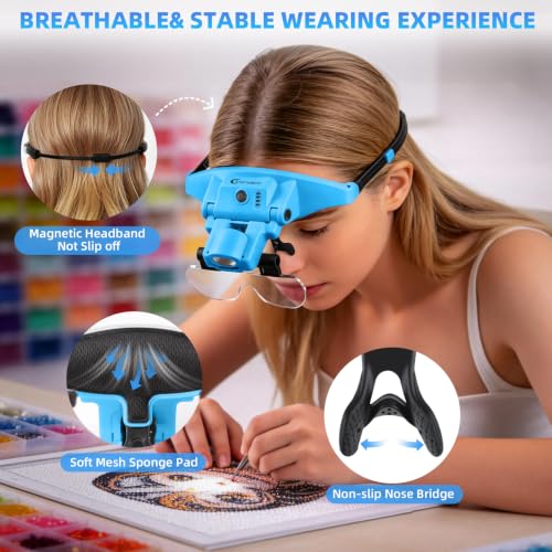 Rechargeable Magnifying Glasses with Light 1.5X-5X,Magnetic Headset - color: Blue