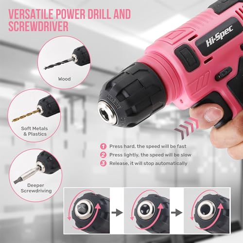 Hi-Spec 8V USB Power Drill Driver Bit Set with Hanging Kit for DIY, Pink - color: Pink