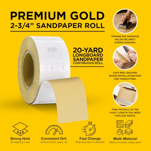 Dura-Gold Gold PSA Longboard Sandpaper, 320 Grit, 20 Yard Roll, 2-3/4" Wide - size: 320-Grit
