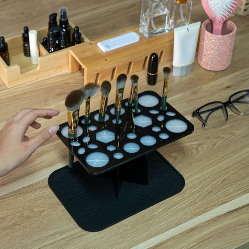 SHIDOW 28-Hole Makeup Brush Drying Rack with Silicone Drip Mat, Acrylic Upside-Down Brush Holder Organizer Stand, 1-Pack, Black - color: black