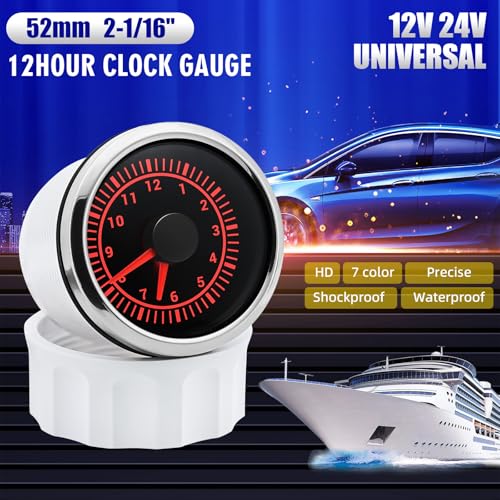 ARTILAURA 2" 52mm Clock Gauge 7 Color Waterproof 0-12 Hours Clock Meter Gauge for Car Boat (Black & Silver) - color: Black & Silver