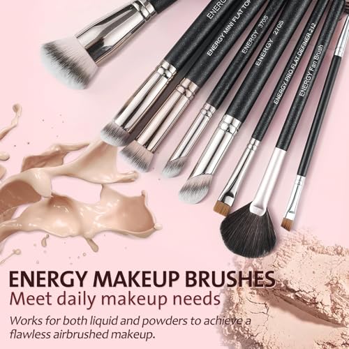 ENERGY Makeup Brush Set - 8PCS Professional Makeup Brushes for Foundation, Concealer, Eyeshadow, Blending, Contour, Powder, Eyeliner, Vegan Synthetic Fiber, Portable Travel Kit with Case (Black) - style: makeup brush set 8pcs