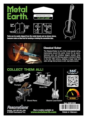 Fascinations Metal Earth Classical Guitar 3D Metal Model Kit Bundle with Tweezers