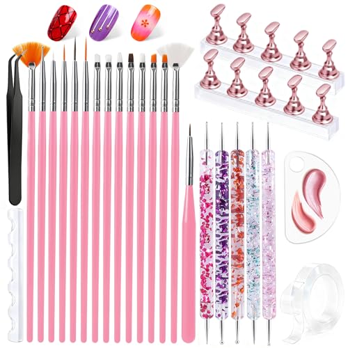 Artdone Nail Art Brushes With Nail Stands Nail Art Tool Set, Dotting Tools, Dust Brush,Striping Brushes for Long Lines, Drawing Pen For Gel Polish Design supply - color: Brushes With Stand
