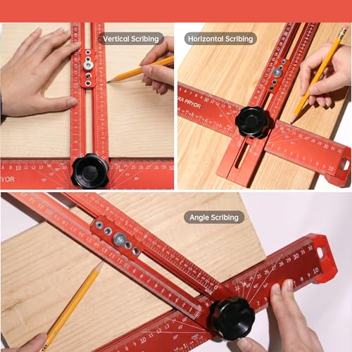 14in Woodworking Scriber Marking Line Ruler, Adjustable Aluminum Alloy Sliding T-Square Ruler,Precision Line Drawing aid Ruler with Angle Adjustment Scale Drilling Positioning (Red)