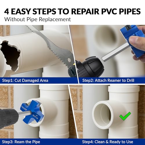 4 Blade 2-Inch PVC Fitting Saver, PVC Pipe Reamer Socket Saver with 3/8 Inch Hex Shaft, Plastic Pipe Fitting Reamer Plumbing Tool for SCH40 CPVC Pipe ABS Socket Hub, Fit Standard 1/2" Drills - size: 2 Inch