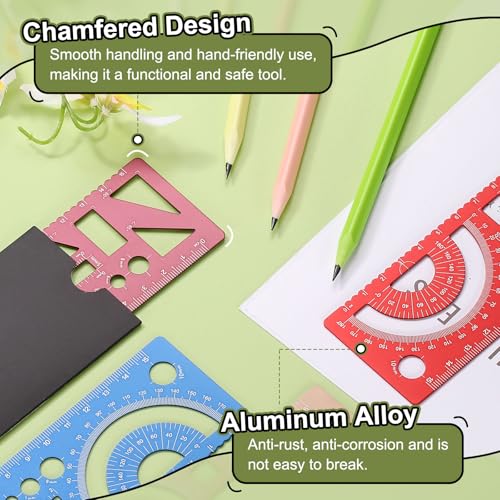 HARFINGTON 2pcs Multifunctional Geometric Rulers 15cm Metric and SAE Aluminum Straight Edge Protractor Angle Math Measuring Ruler Geometric Drawings Templates for Drawing Drafting, Red - color: Red