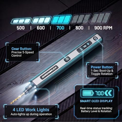 ARROWMAX 5-Speed Mini Electric Drill Pen with 20pcs Drill Bits & OLED - size: SDS