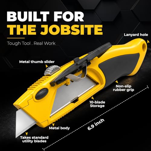 Auto Reload Utility Knife with 10 Preloaded SK5 Blades, Heavy Duty Box Cutter Retractable and Razor Knife with Non-Slip Rubber Handle and Lanyard Hole