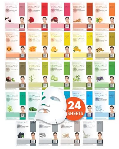 DERMAL Korean Sheet Mask Variety Pack, 24 Unique Collagen Essence Masks