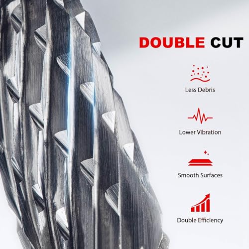 HAUTMEC 5Pcs Tungsten Carbide Rotary Burr Bit YG6, 1/4" Shank Double Cut Die Grinder Bit with Belt Pouch, Low Vibration Precision Rotary File for Metal Grinding, Engraving & Deburring (6MM), HT0453 - color: 5Pcs Set, size: 6mm