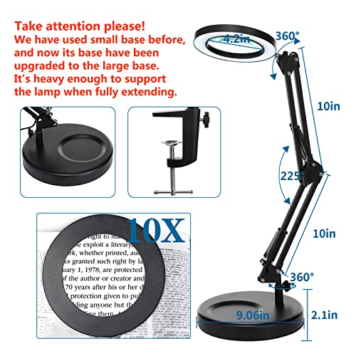 HITTI 10X Magnifying Glass with Light, 1,800 Lumens Stepless Dimmable - color: Black, size: 10X 9.06 INCH Base & Clamp