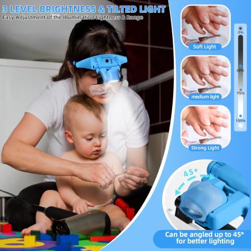 Rechargeable Magnifying Glasses with Light 1.5X-5X,Magnetic Headset - color: Blue