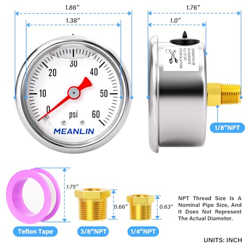 MEANLIN MEASURE 0~60Psi Stainless Steel 1/8" NPT 1.5" FACE DIAL, Glycerin Filled Pressure Gauge, Liquid Filled, Water Oil Air, Back Mount, with 1/4" NPT and 3/8" NPT Hex Bushing - size: 0-60Psi