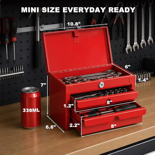 JACK BOSS Mini Tool Box with Two Drawers and Lockable Top Storage,Red - color: Red