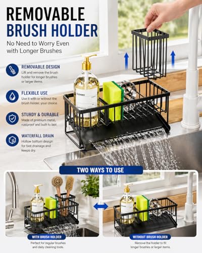 Kitchen Sink Caddy Organizer with Sloped Drain Tray, Black Sponge Holder with Utensil Holder Chopstick Cup, Fast Drain Drying Rack for Brush Soap Dispenser Countertop Storage