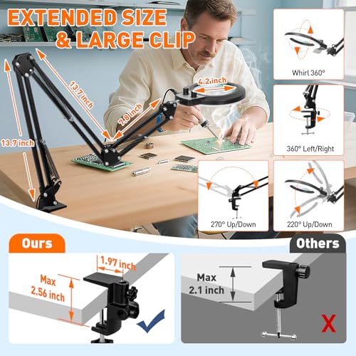 KIRKAS 12X 30X Magnifying Glass with Light and Stand, Extra-Long Arm Knob - size: 12X 30X 35 INCH Clamp