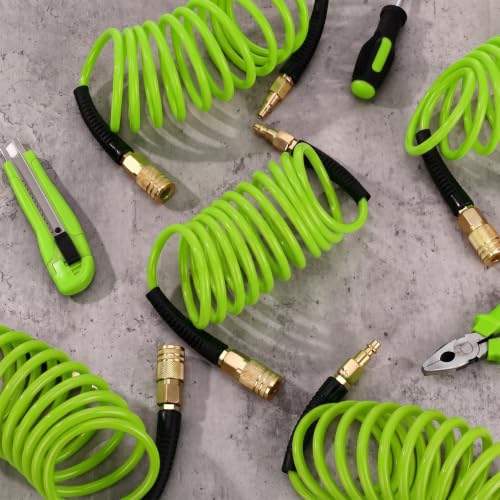 Flutesan 10 Pack 1/4 in x 10 ft Recoil Air Hose with Quick Coupler, Green - color: Green