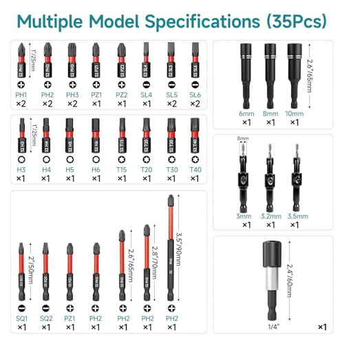 35Pcs Impact Driver Bits Set with a Storage Case - style: 28 Screwdriver Bits, 3 Countersink Drill Bits, 3 Sockets,1 Change Chuck