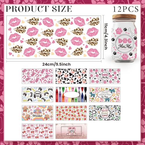 12 Sheets Transfers Stickers, Rub on Transfers Flower Game Western Country Theme Cup Wraps Decal Waterproof Printing UV Transfer Paper for 16 oz Glass Cups DIY Crafts - style: Mixed Shape
