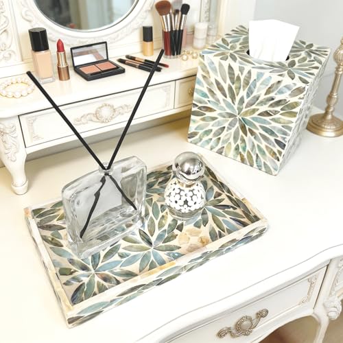 i-lanSet of 2 Mother of Pearl Narrow Vanity Trays, Floral Shell Mosaic