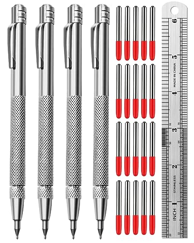 Tungsten Carbide Scriber, Knurled Aluminum Handle, 4-Pack with Bonus Marking Tips and Steel Ruler, Ideal for Detailed Crafting and Carving
