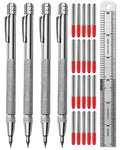 Tungsten Carbide Scriber, Knurled Aluminum Handle, 4-Pack with Bonus Marking Tips and Steel Ruler, Ideal for Detailed Crafting and Carving