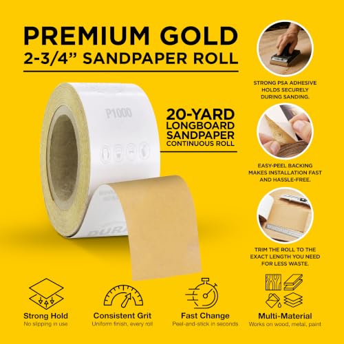 Dura-Gold Gold PSA Longboard Sandpaper, 1000 Grit, 20 Yard Roll 2-3/4" Wide - size: 1000-Grit